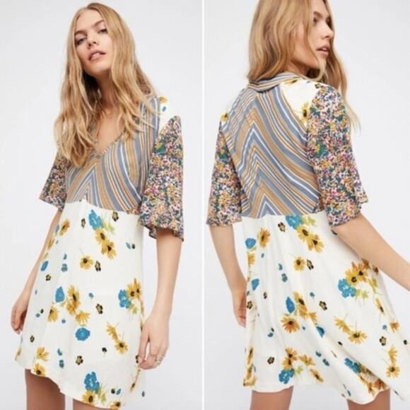Free People Mix It Up Mixed Floral Print V-neck Babydoll Mini Dress *UPCYCLED* - Picture 1 of 14